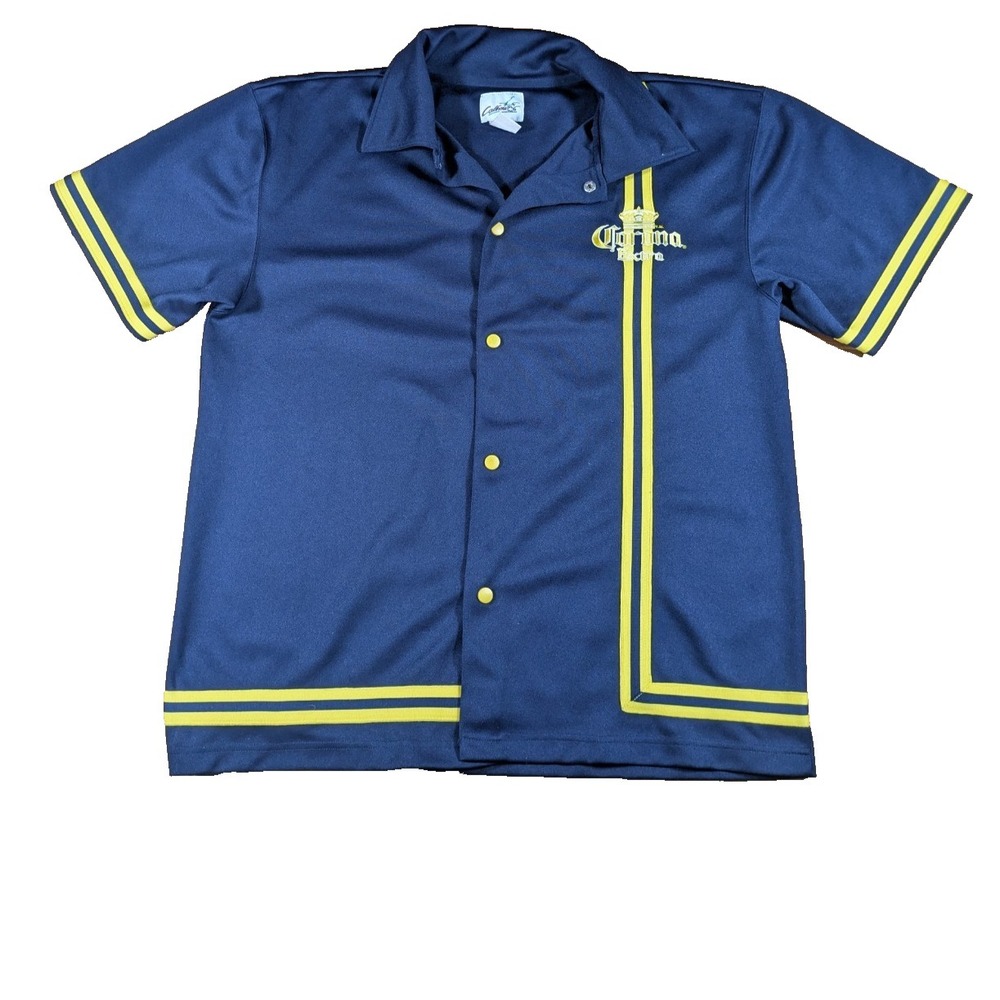 Corona Extra Baseball Jersey Large Blue Yellow Snap Buttons Collar Short Sleeve‎